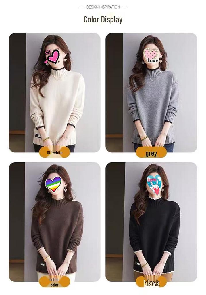Plus Size Color Block Half-High Neck Sweater - Women's Loose Autumn/Winter Knit Pullover