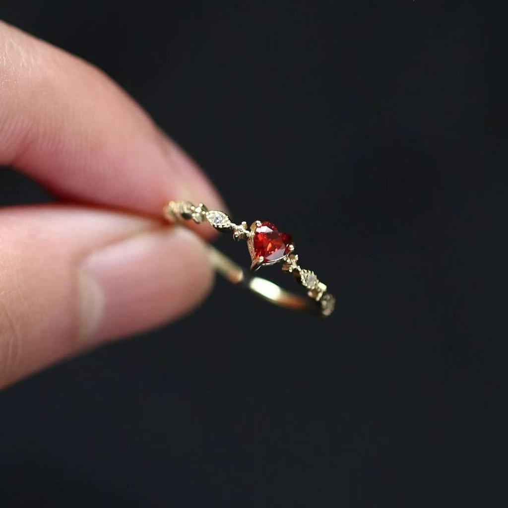 Elegant Japanese Style Heart Ring - 925 Sterling Silver with Red Stone, Open Design for Girls, Simple and Fresh.