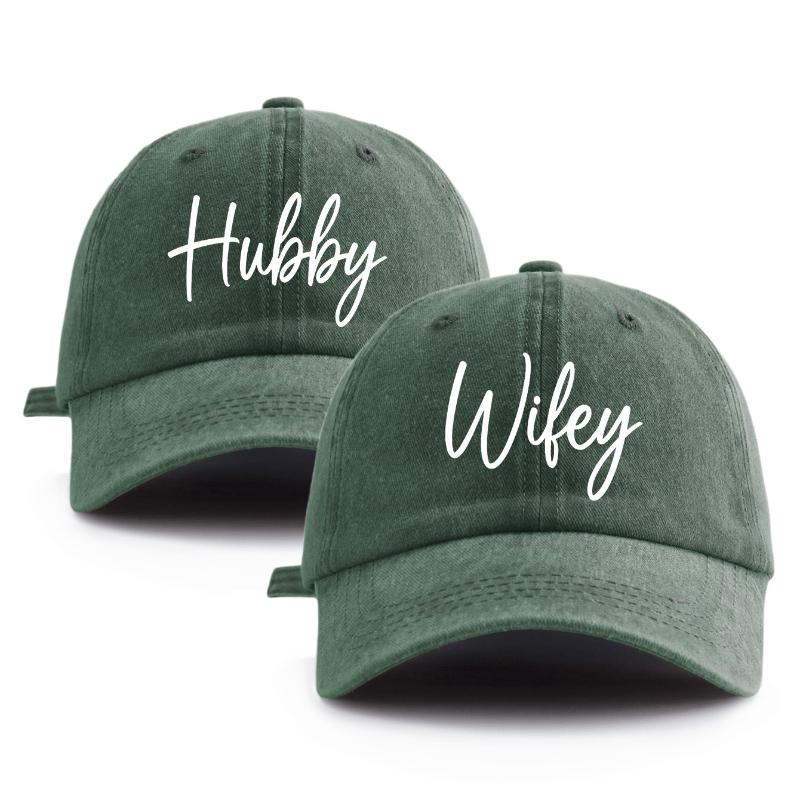 2 Pcs HUBBY WIFEY Print Washed Baseball Cap,Classic Casual Stylish Retro Adjustable Lightweight Sun Protection for Outdoor Sport
