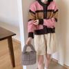 Retro contrasting striped plush soft waxy knitted cardigan women's autumn and winter age-reducing short retro coat