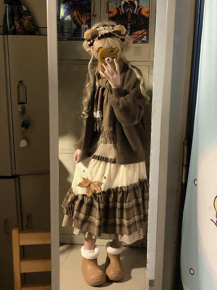 Retro Mori-Kei Candied Chestnuts Plaid Skirt with Embroidery Patchwork