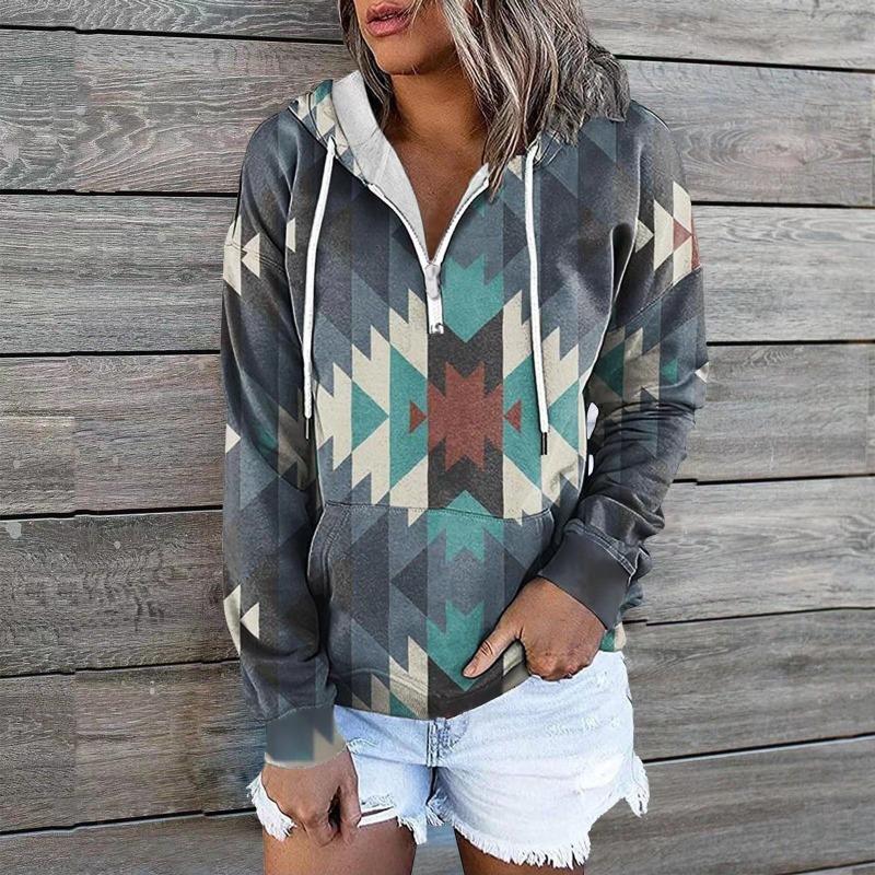Autumn Winter Ethnic Tribe Hooded Hoodie Jacket Top Sweatshirts Women’s