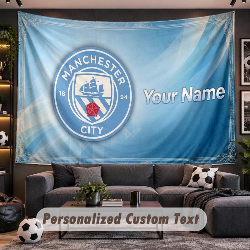 Manchester City Personalized Tapestry Support Custom Name, Wall Art Home Decoration