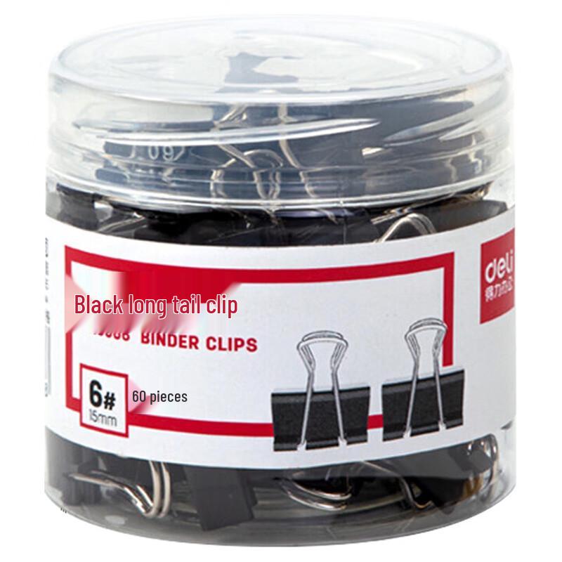 Deli 15mm Black Long Tail Binder Clips, 60 Pcs