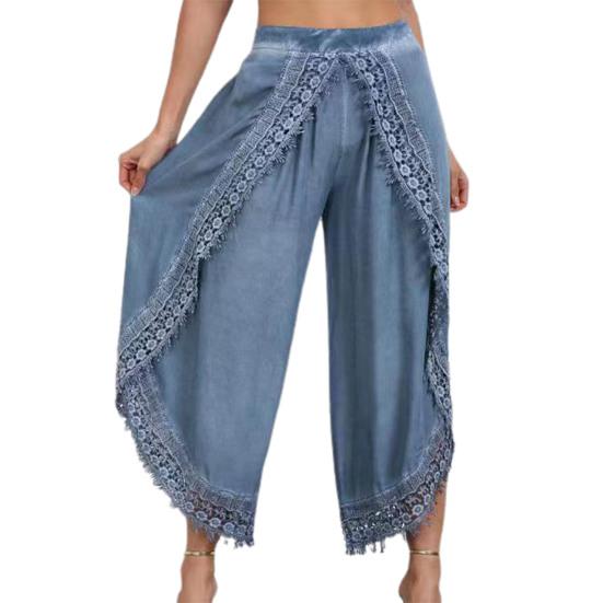 High Waist Wide Leg Pants Nine Length Solid Color Women Casual Trousers With Lace Trim Women Clothing