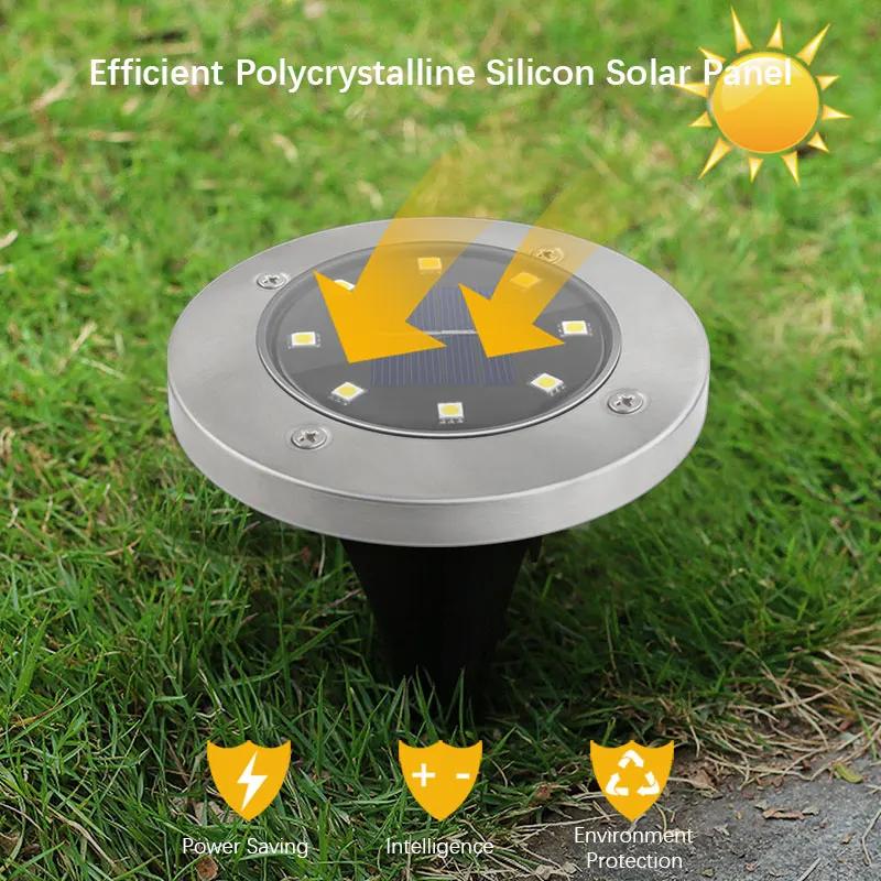 Solar Ground Spike Light, Stainless Steel Housing, 8 SMD LED, White & Warm Light Optional, Smart Light Control, for Garden Lawn