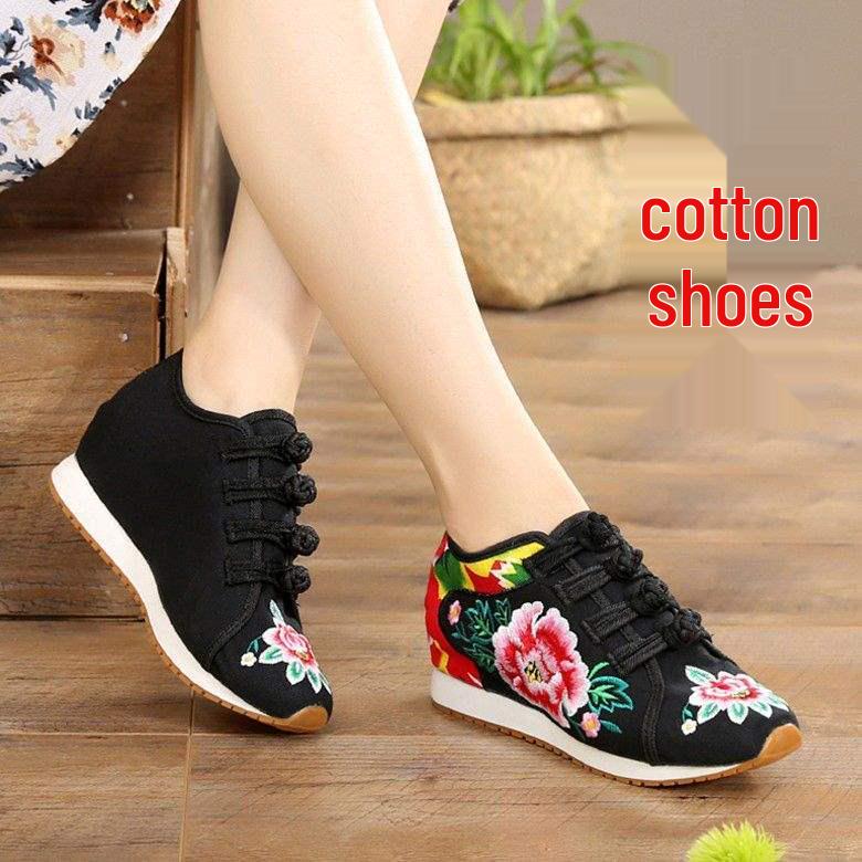 

Женские туфли в этническом стиле на танкетке с вышивкой - Повседневные туфли для танцев, увеличивающие рост, с подошвой из говяжьей жилы Size 39