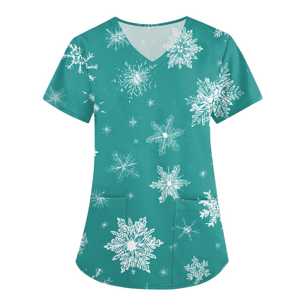 Women's Christmas Print Loose V-Neck Pocket Short-Sleeved Uniform