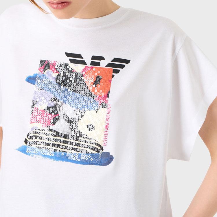 Emporio Armani SS23 Sequin Decorated Printed Round Neck Pullover Short Sleeve T-Shirt Women Tops White 6R2T7J-2J53Z-0100