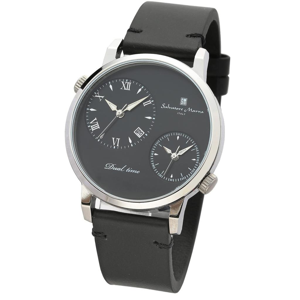 Salvatore Marra and Stainless Steel Black and Analog Quartz Dual Business and Leather SSBK Men's Women's Watch, Silver, Movement, Time, Casual, Strap,