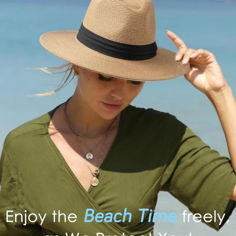 Grande Taille XL 63cm Chapeau de Paille Panama Jazz de Voyage Chapeaux de Soleil d'Été pour Femmes Hommes Mariage Chapeau de Paille Fedora à Large Bord Chapeau de Plage Paille UV UPF 50+