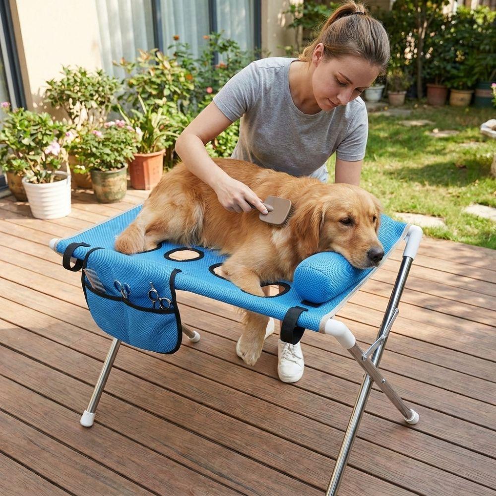 Breathable Mesh Folding Pet Grooming Hammock Stainless Steel Frame Escape-Proof Cat Nail Trimming Station with Pillow