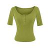 U-neck Button Mid-sleeved T-shirt Women's Summer New American Spice Girl Solid Color Slim-fitting and Thin Threaded Bottoming Top