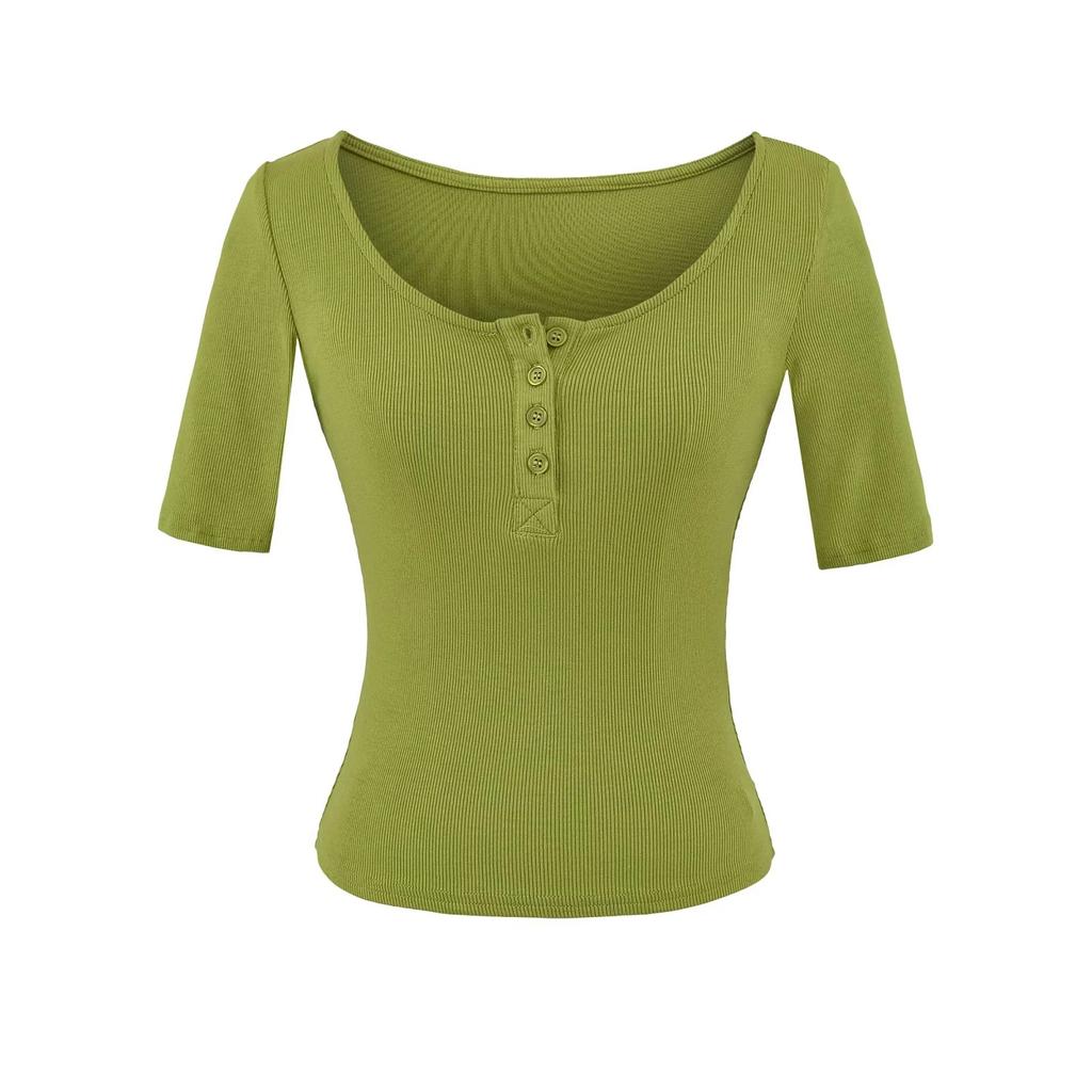 U-neck Button Mid-sleeved T-shirt Women's Summer New American Spice Girl Solid Color Slim-fitting and Thin Threaded Bottoming Top