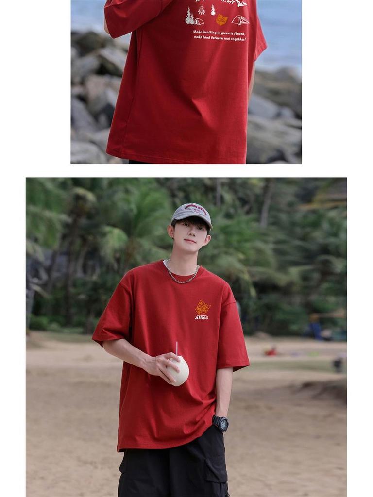 Męska luźna koszulka z krótkim rękawem, ciężka, wykonana z czystej bawełny