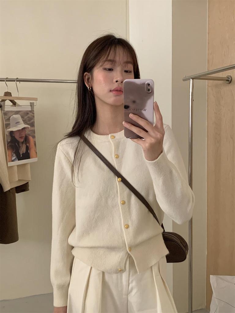 Korean Retro Autumn/Winter Cardigan Sweater with Gold Button Detail