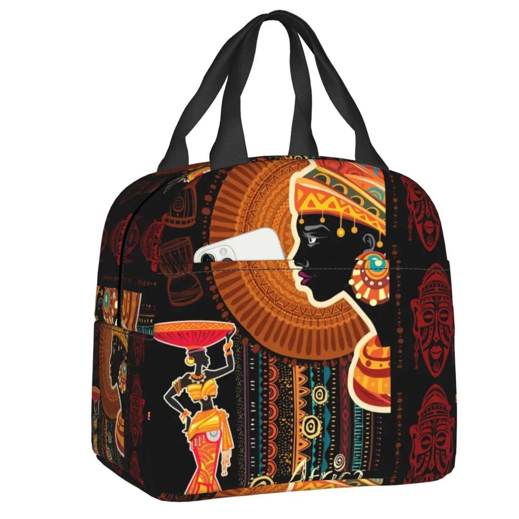 African Elements Pattern Insulated Lunch Tote Bag for Women Africa Ethnic Culture Cooler Thermal Bento Box Work School Travel