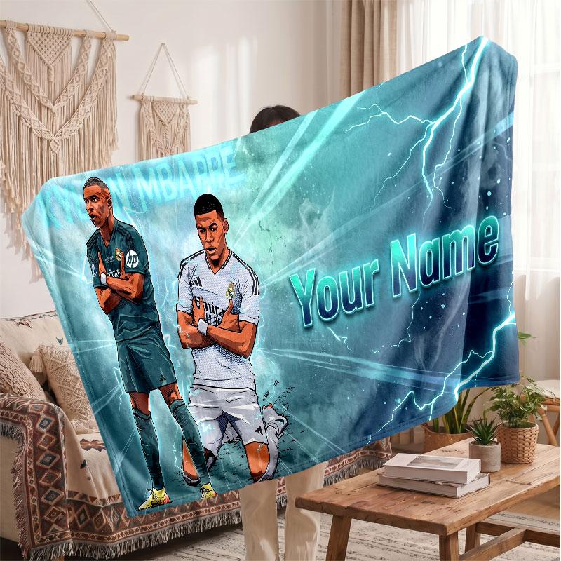 Kylian Mbappe Personalized Fleece Blanket With Football Logo, Custom Name Text Soft Warm Home Throw Blanket