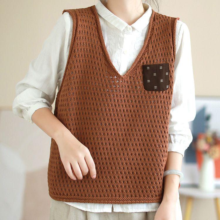 Women's Original Artistic Knitted Vest Appliqué Paneled Solid Color Cotton Thread Hollow-Out Sleeveless Pullover V-Neck Vest