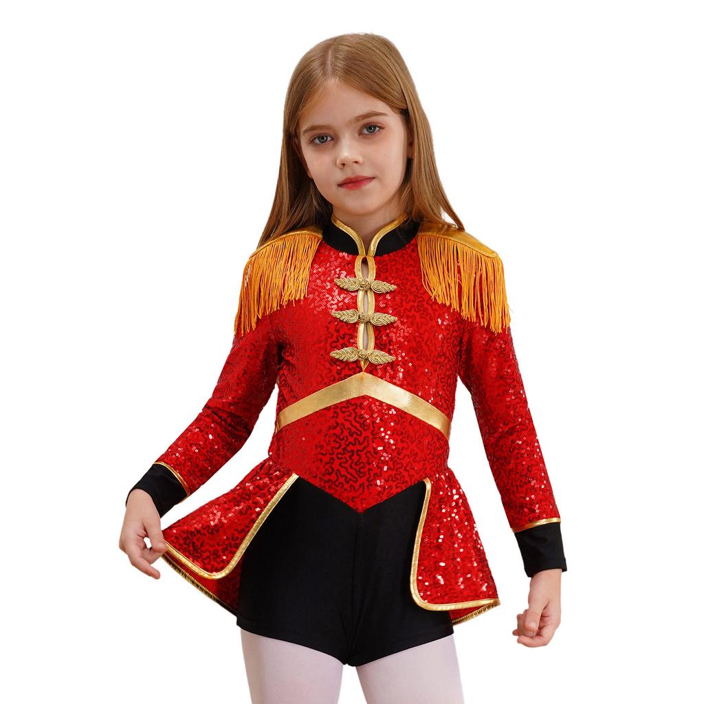 Girls Circus Magician Costume Long Sleeve Sequin Bodysuit with Fringe Epaulets and Sparkle Tassels for Carnival Themed Performances
