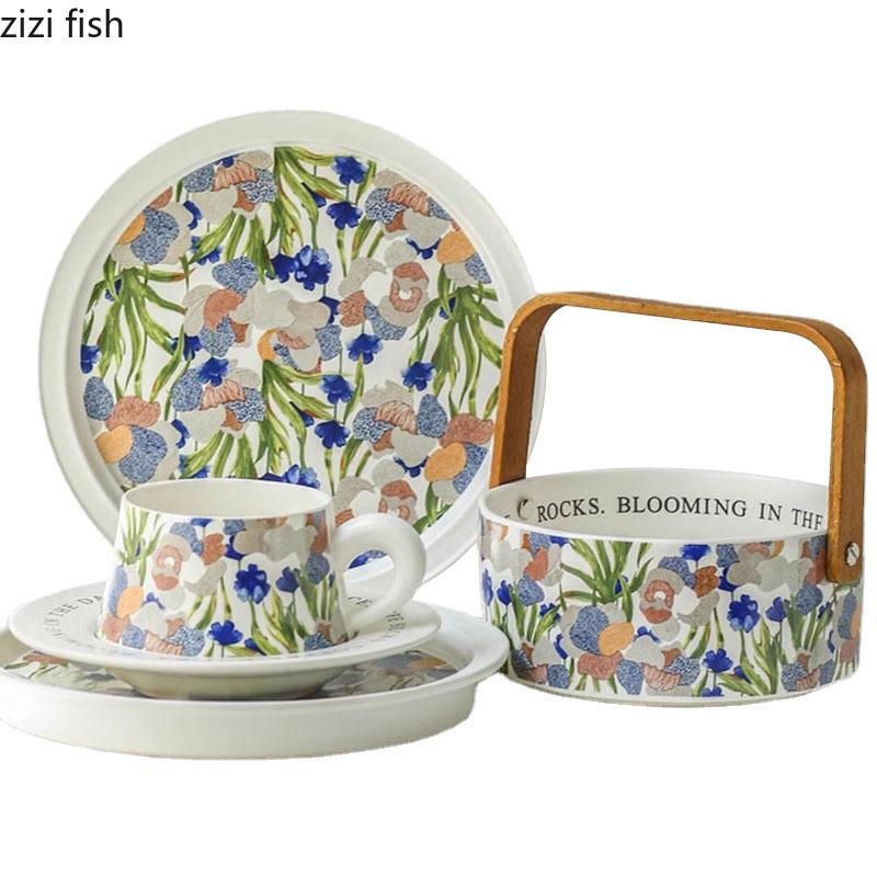 Vintage Floral Pattern Ceramic Dining Plate Steak Plate Dessert Plate Sushi Plates Mug Set Bread Basket Specialty Tableware