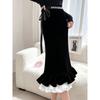Cotton Blend Velvet Midi Skirt With Lace Trim For Elegant Ladies Spring Autumn Wear