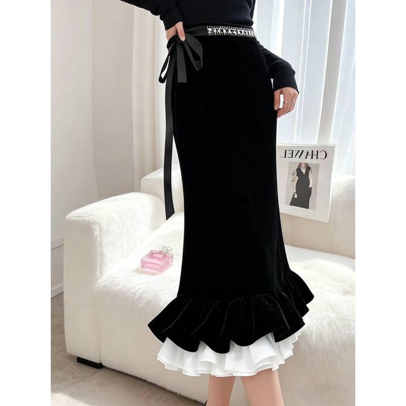 Cotton Blend Velvet Midi Skirt With Lace Trim For Elegant Ladies Spring Autumn Wear