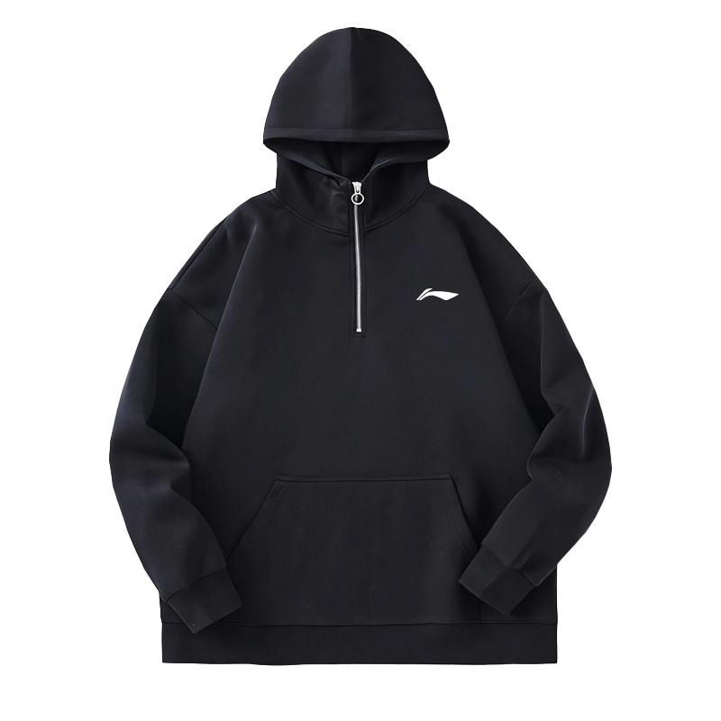 Li Ning Logo Print Loose Pullover Hoodie Unisex hoodies Black YWDU573-1