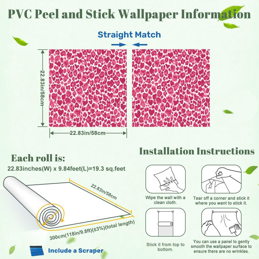 Pink Leopard Heart Spots Wallpaper 22.83"X118" Waterproof Wallpaper for Living Room/Bedroom/Bathroom PVC Wall Sticker