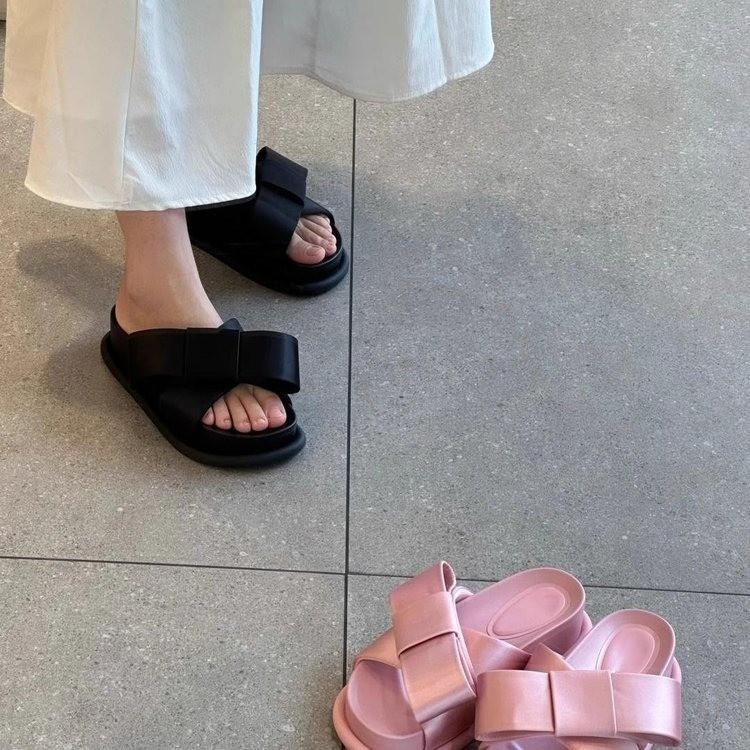 2025 Summer Butterfly-knot Slippers Sweet Pink Round Toe Pull-on Thick-sole Bow Flip Flops Women's Outdoor Dress Shoes