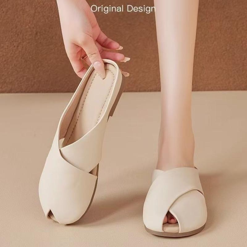 Holiday Outing~ Summer Cross Belt Hollow Low Heel Outer Wear Women's Cool Slippers Casual Thick Heel Lazy Half Drag