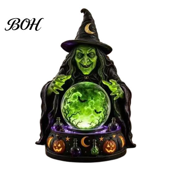 Samlarobjekt i vintagestil med LED-ljus, Halloween-dekor i falsk kristallkula, Hartsfigur av häxa/skelett/katt/spöke med läskig hemdekor