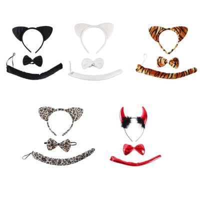 Diadema con Orejas de Animal de Dibujos Animados, Conjunto de Cola y Pajarita para Cosplay de Gato, Diablo, Leopardo, Accesorios para Fiesta Temática de Halloween, Disfraz 3 Piezas