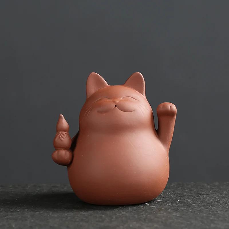 1 Pc Chinese Purple Clay Tea Pet Handmade Lucky Cat Animal Statue Ornaments Sculpture Tea Figurine Decoration Household Tea Set
