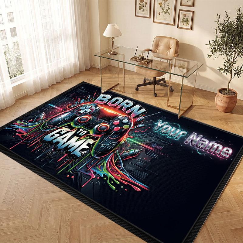 Game Controller Theme Crystal Velvet Floor Rug Personalized Custom Name Text Warm Carpet Home Decoration
