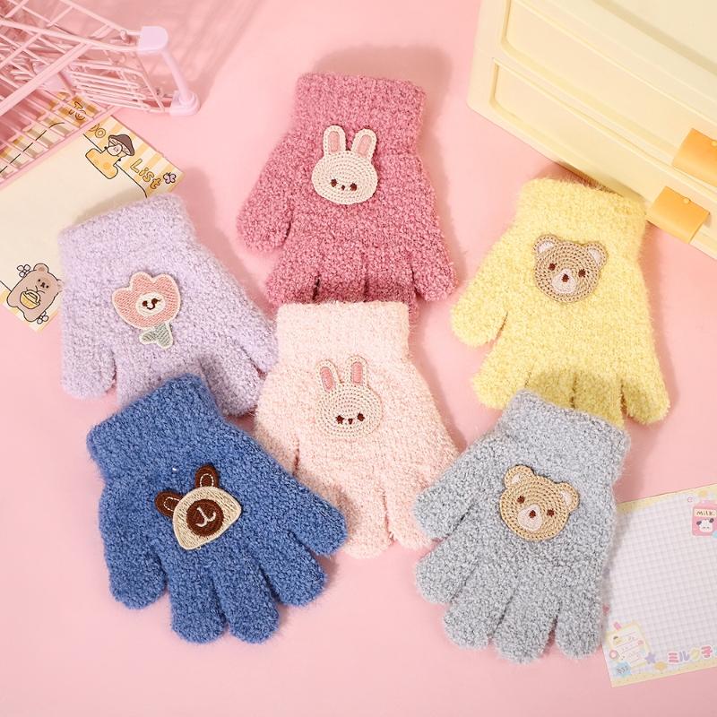 Fashion Bear Baby Fluffy Gloves Cartoon Pattern Gloves Solid Color Full Finger Knitted Mittens Girls
