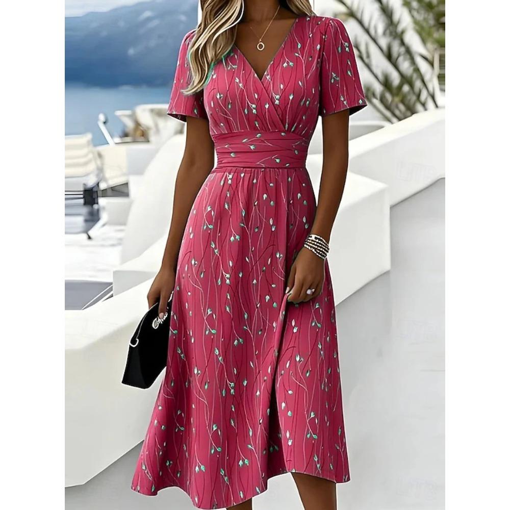 Women's Floral Print V Neck Maxi Dress Short Sleeve Wrap Waist Split A Line Casual Midi Dress