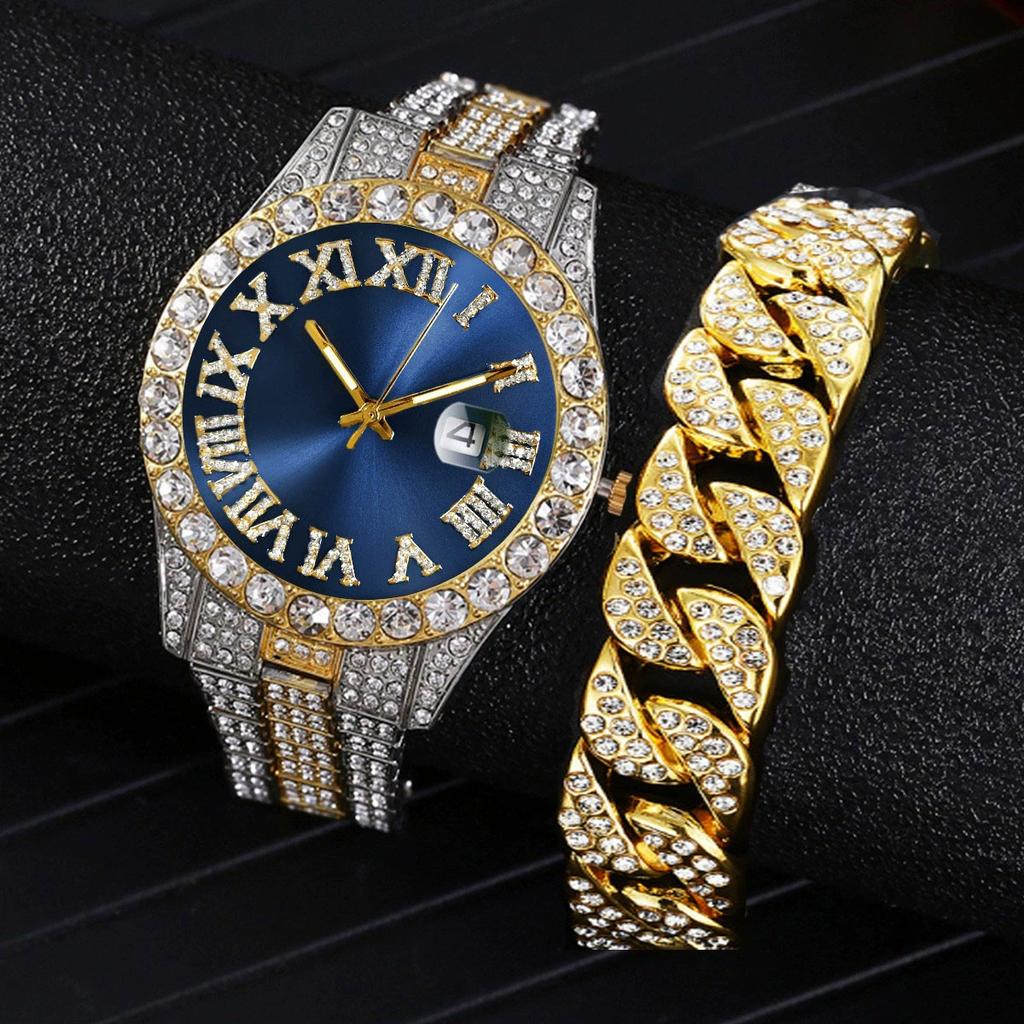2 Pcs Watch+bracelet Hip Hop Stainless Steel Gold Color Calendar Watch For Men Iced Out Paved Rhinestones Men Watch Reloj Hombre