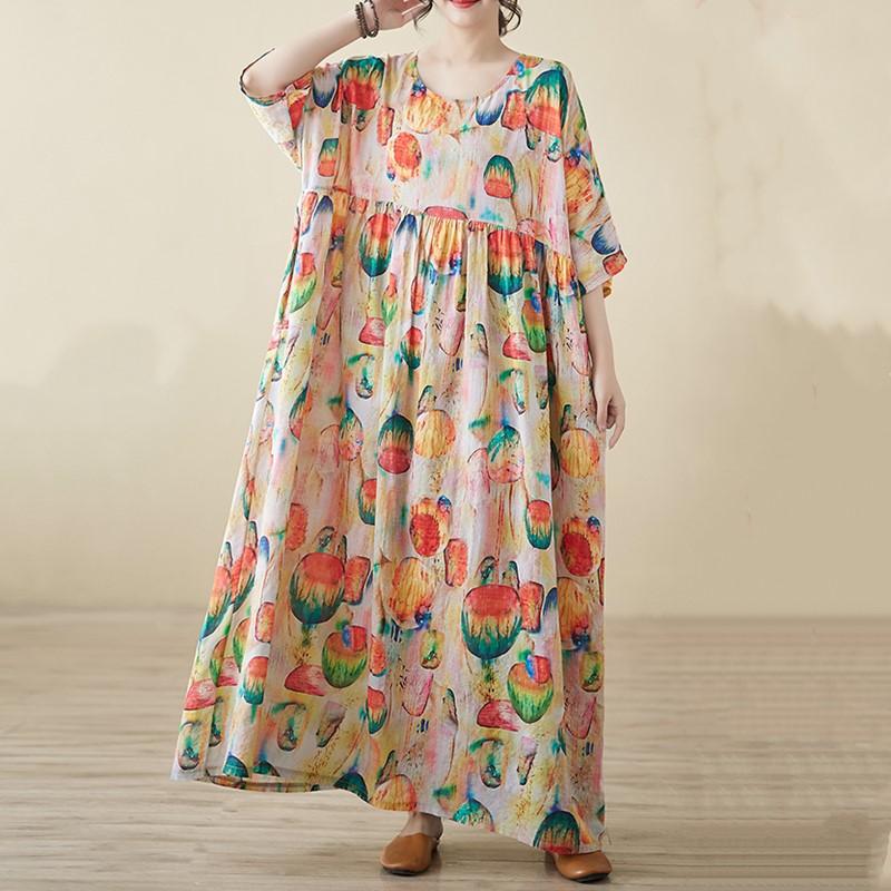 Krátký rukáv Nadměrná velikost vintage květinová novinka v šatech pro ženy ležérní volné maxi dlouhé letní šaty