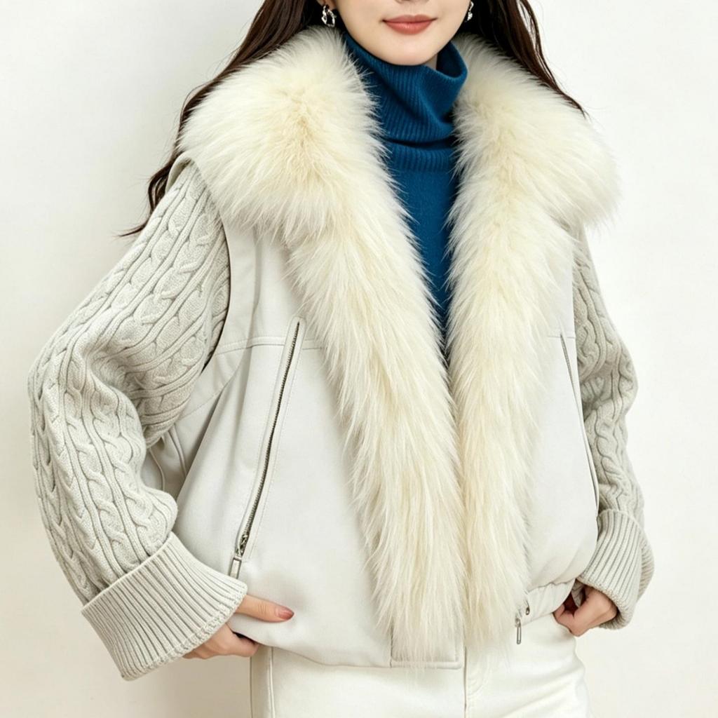 Winter new real fox fur collar knitted splicing down jacket women's short white duck down loose and thin versatile jacket