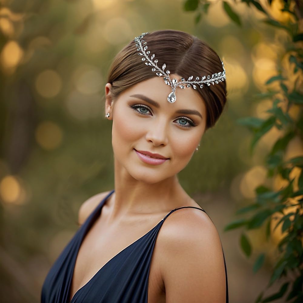 Bridal Rhinestone Headband Hair Comb for Women Wedding Teardrop Headpiece Bridal Forehead Head Chain Hair Accessories…