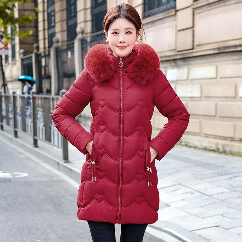 Medium and long down cotton-padded female slim-fitting and thin big fur collar down cotton-padded jacket