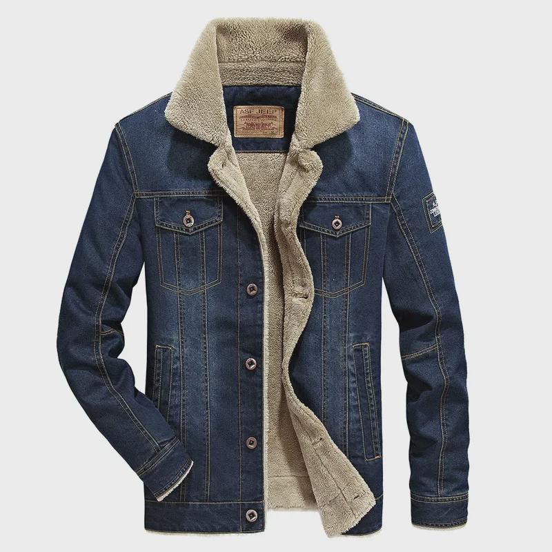 Men's American-Style Casual Denim Cotton Jacket with Plush Lining, Loose Fit, Thickened for Cold Weather.