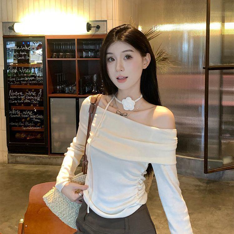 

Топ с открытыми плечами в французском стиле, плиссированный трикотаж для женщин - ранняя осень, облегающий крой, универсальный, эластичный One Size абрикосовый