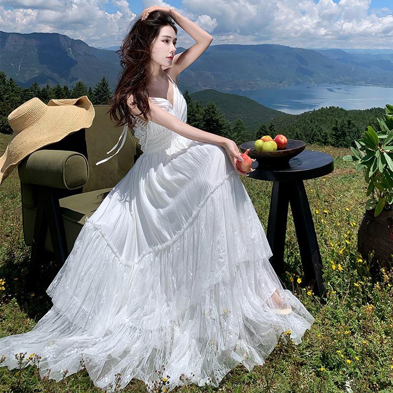 Bohemian Vacation White Lace Splicing Halter Dress Beach Dress Women