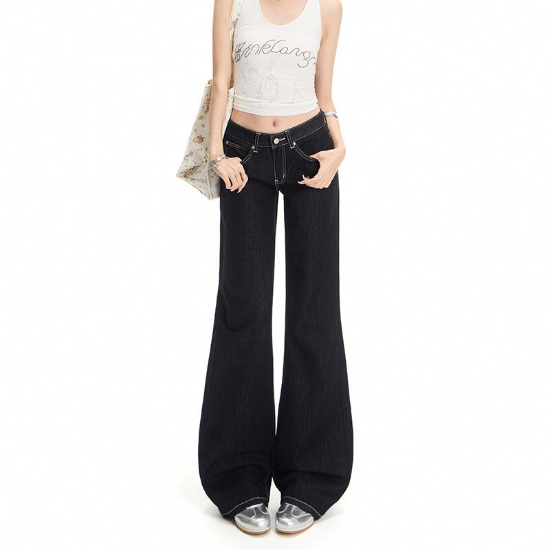 Denim Blue Low Waist Slightly Pulled Jeans Women's Summer New Loose and Skinny Not Sticky Legs Wide Leg Flared Pants