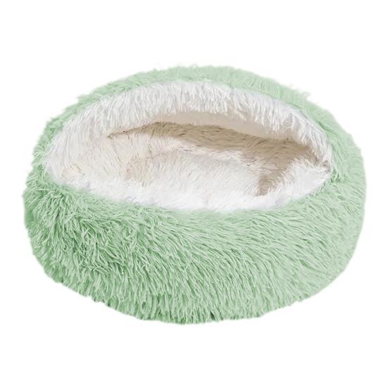 Pet Shell Nest Bed Warm Calming Cat Cave Bed with Hooded Cover Semi Enclosed Fluffy Plush Lined Round Bed for Small Medium Pets