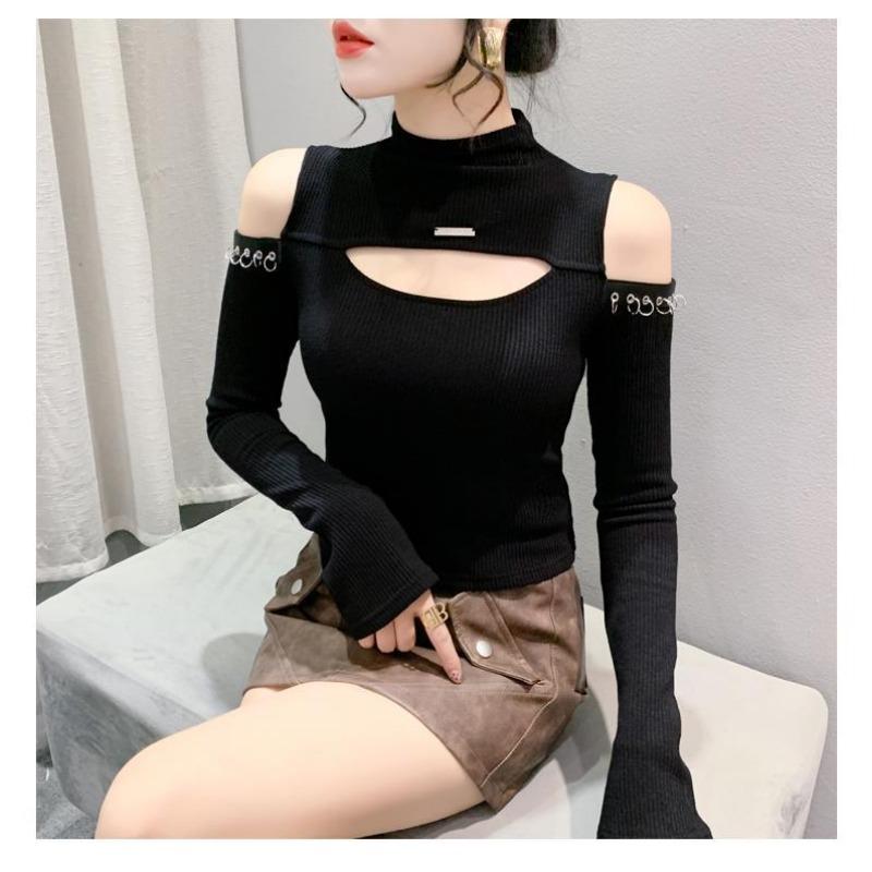 Women's Beige Cutout Cold Shoulder Casual  Turtleneck Slim Ribbed Knit Long-Sleeve Top