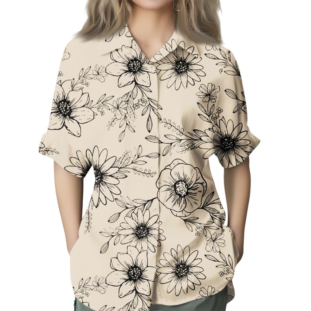 Women's Fashion Seven Sleeve Casual Lapel Back Tie Shirt Printed T-Shirt Top