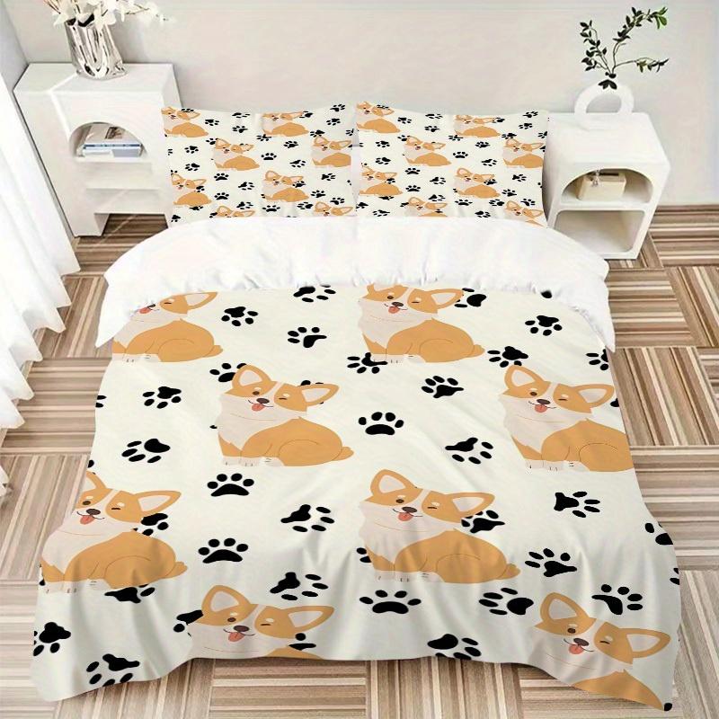 3pcs Corgi, Paw Prints Bedding Set, Breathable And Soft, Suitable for All Seasons Machine Washable, Suitable for Bedroom Decoration,yy250822174
